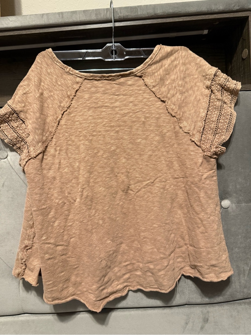 Altar’d State Taupe Lace Detail Short Sleeve Top Size M - Picture 3 of 3